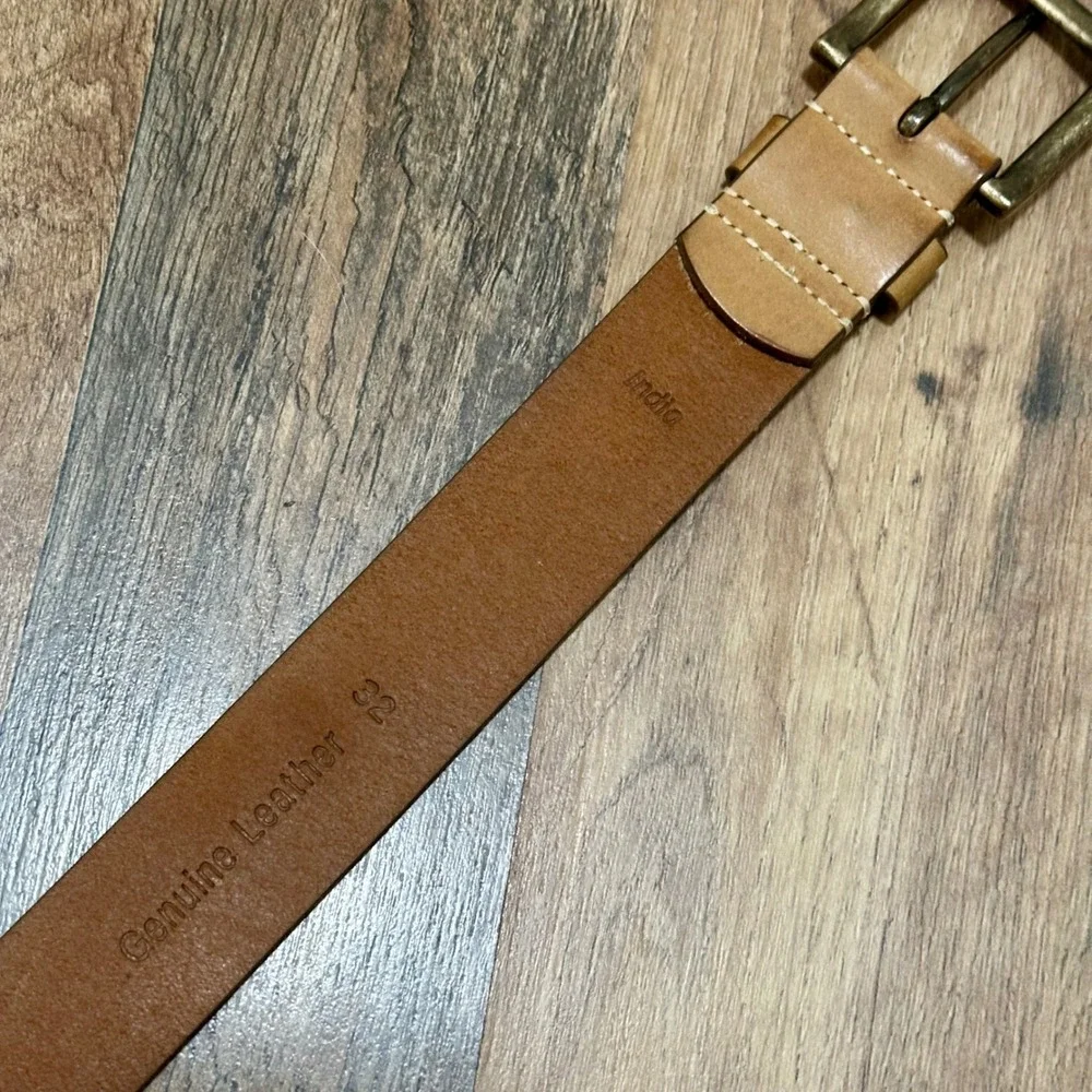 Timberland Mens Tan Genuine Leather Belt Brass Buckle Size 32 Logo Embossed